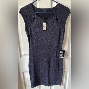 Express Short Sleeve Dark Blue Metallic Bodycon Sweaterdress, Small